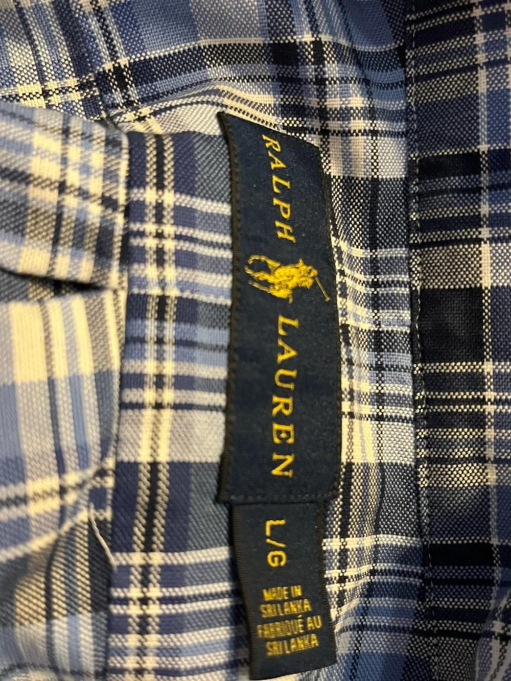 Upcycled Ralph Lauren Navy and Light Blue Plaid Shirt with ruffle collar - Picture 7 of 7